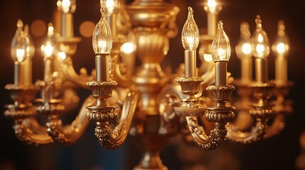 Candle style with a beautiful brass chandelier hanging over a softly lit background
