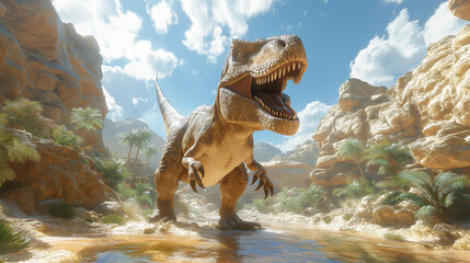 Obraz premium Lifelike Prehistoric VR Safari with Jurassic Dinosaurs in Lush Landscape