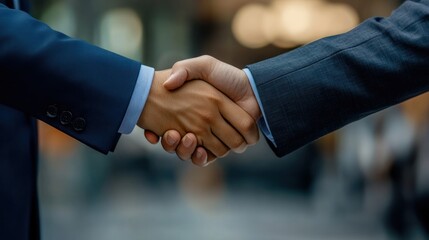 Two business professionals shaking hands in a professional setting.
