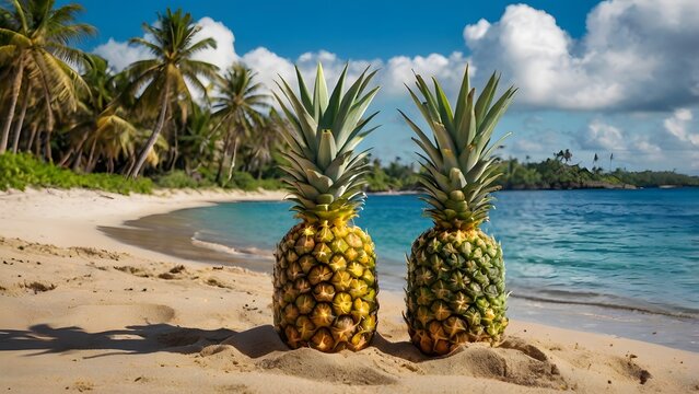 Fresh Pineapple on a Beautiful Beach Landscape ,Tropical Fruit Scene with Golden Sand, Blue Ocean, and Summer Vibes for Vacation, Travel, and Nature-Themed Photography