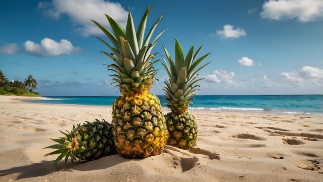 Fresh Pineapple on a Beautiful Beach Landscape ,Tropical Fruit Scene with Golden Sand, Blue Ocean, and Summer Vibes for Vacation, Travel, and Nature-Themed Photography