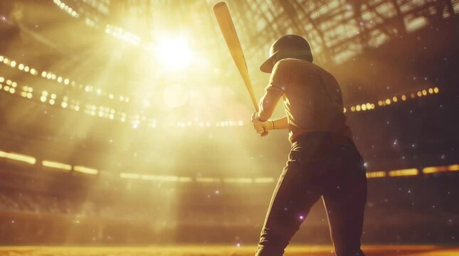 silhouette of a person holding a baseball bat who is about to hit a baseball on a baseball field. Highly ant virtual 4K video animation background with looping time lapse with very smooth graphics.