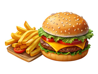 burger and French fries on transparent background
