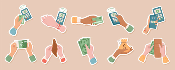 Hand holds money, cash, and card in flat sticker style. Pay with euro, smartphone, and phone in a set. Financial concept with digital economy themes, ideal for business finance graphics.