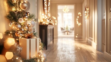 Festive holiday decor in a beautifully lit hallway