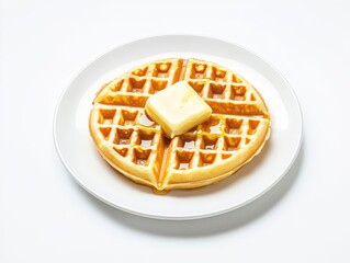 A single waffle topped with melted butter and a generous drizzle of honey Minimalist style with the waffle centered on a white plate