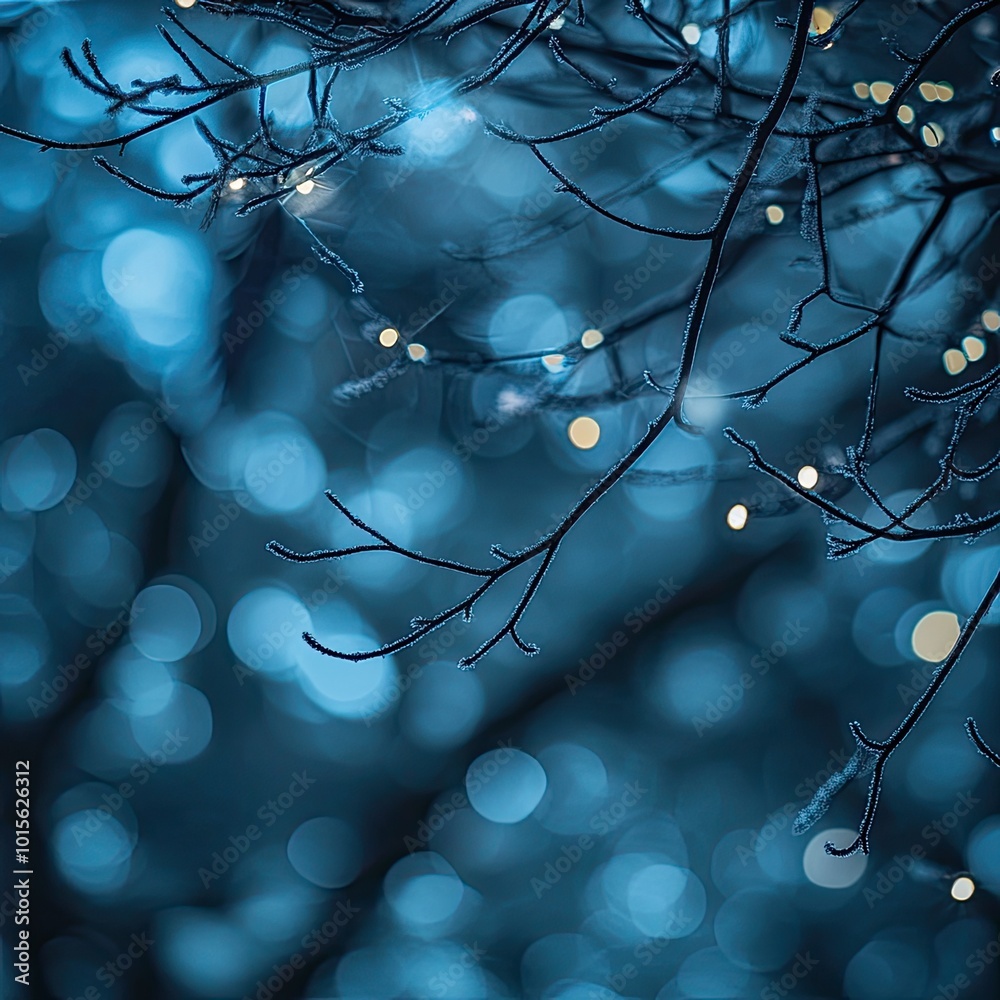 Sticker a captivating view of branches glimmering with soft lights, creating a serene winter ambiance in a b