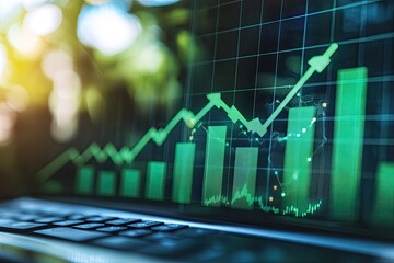 A close-up of a laptop displaying a green growth graph, symbolizing financial success and data analysis in a bright environment.