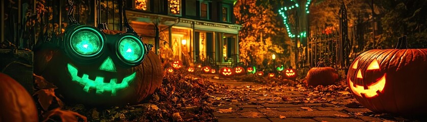 A spooky Halloween scene featuring glowing pumpkins, autumn leaves, and an eerie atmosphere, perfect for celebrating the season.
