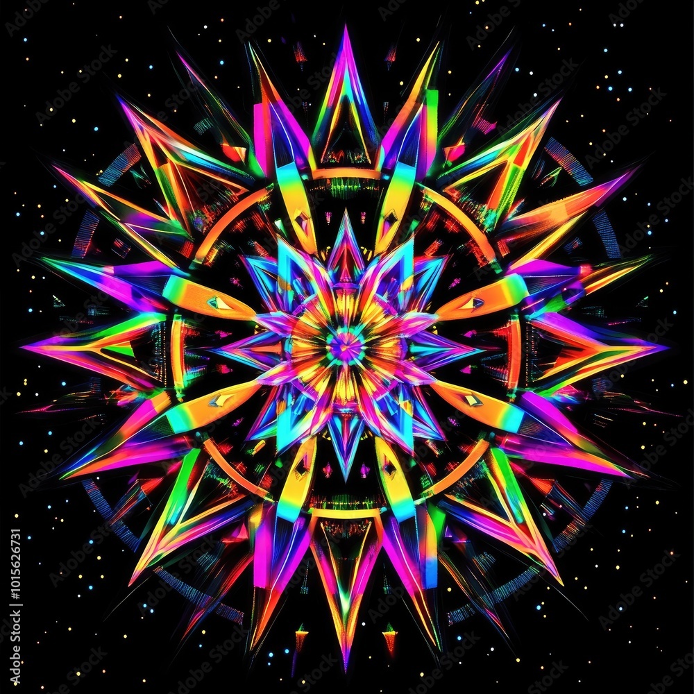 Wall mural a vibrant and colorful abstract mandala with sharp points and intricate patterns, set against a dark