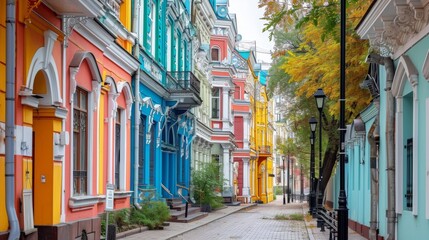 Fototapeta premium A vibrant street scene showcasing colorful historic buildings with ornate facades, captured on a quiet autumn day. The bright architecture contrasts with the soft autumn foliage, creating a charming