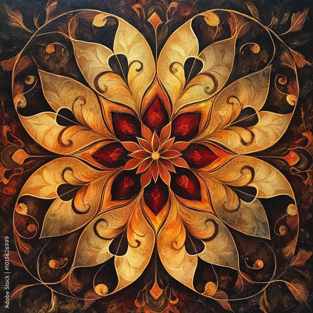 Wall mural an intricate floral design featuring warm golds and reds, ideal for decorative and artistic themes.