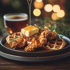 Classic fried chicken and waffles, drizzled with maple syrup, butter melting on top, set on a rustic wooden table, warm lighting, cozy ambiance