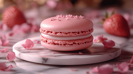 pink macaron with rose petals on marble tabletop - delicious french pastry dessert food photography stock image