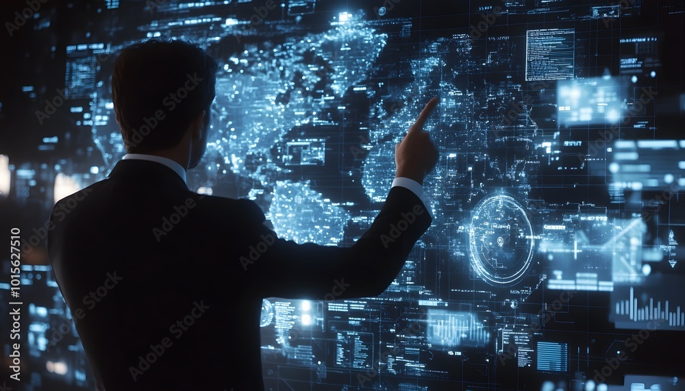 Poster a businessman interacts with a futuristic digital interface displaying global data and analytics in 