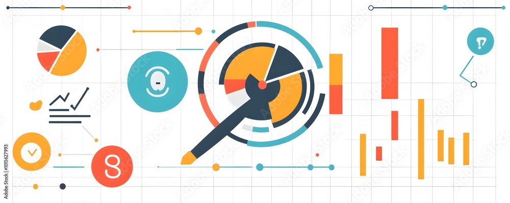 Poster a colorful data visualization with graphs, charts, and a gauge, illustrating performance metrics and