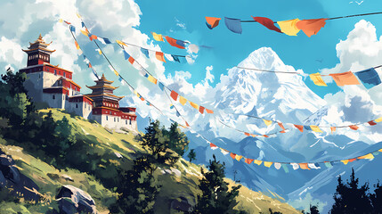 A serene tibetan landscape featuring prayer flags fluttering in the wind, with the himalayas in the background, and a small monastery perched on a hill. Tibetan Monastery. Illustration