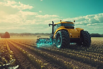 Obraz premium Futuristic Tractor in a Field with Technology Glowing