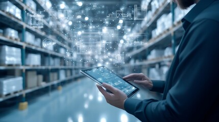 A man in a warehouse uses a tablet to monitor inventory and logistics, with digital data and icons overlayed on the scene.