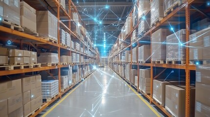 A modern warehouse interior showcasing organized shelves filled with boxes, highlighting inventory management and storage solutions.