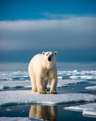 Polar bear on the blue ice. Bear on drifting ice with snow, white animals in nature habitat. At the poles with ice floes that are starting to melt due to global warming.