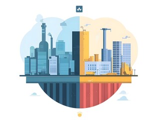 A split view of industrial and urban landscapes, showcasing modern architecture and factories in a vibrant, graphic illustration.