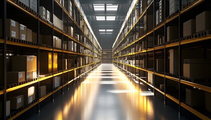 Obraz premium A spacious warehouse interior with shelves filled with boxes, illuminated by natural light, creating a productive atmosphere.