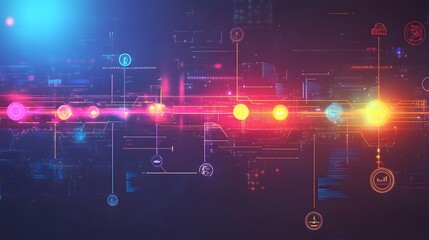 Fototapeta premium A vibrant digital network visualization with colorful nodes and connections, representing technology and innovation.