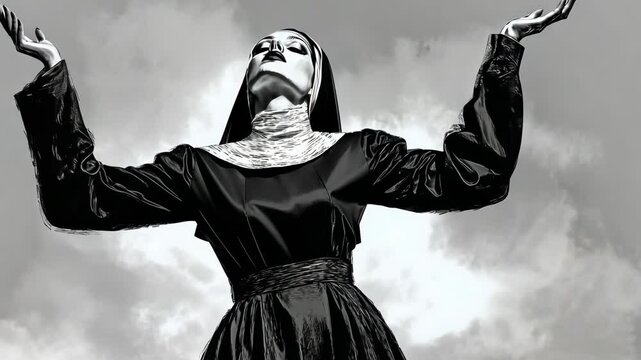 A nun stands with her arms outstretched against a cloudy sky