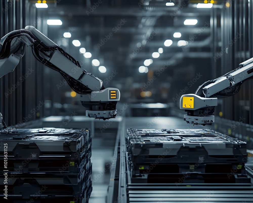 Poster advanced robotic arms in a modern warehouse handling pallets with precision in an automated environm