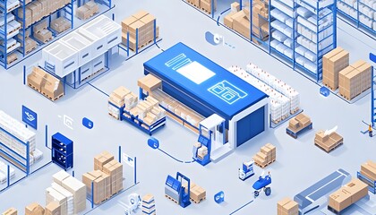 Obraz premium An illustrated warehouse scene showcasing inventory management, storage, and packaging processes in a modern facility.