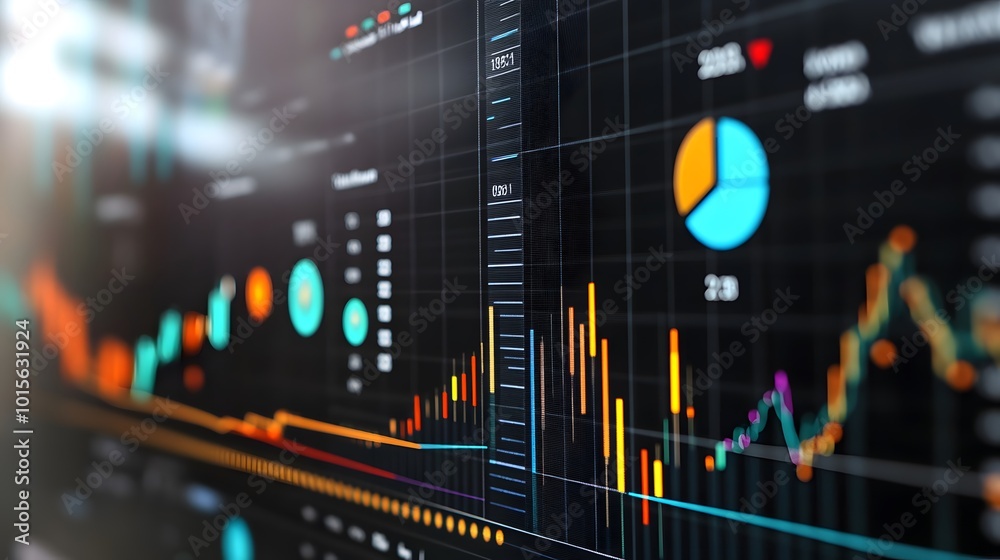 Poster dynamic financial graph showcasing colorful charts and data trends on a digital interface for analys