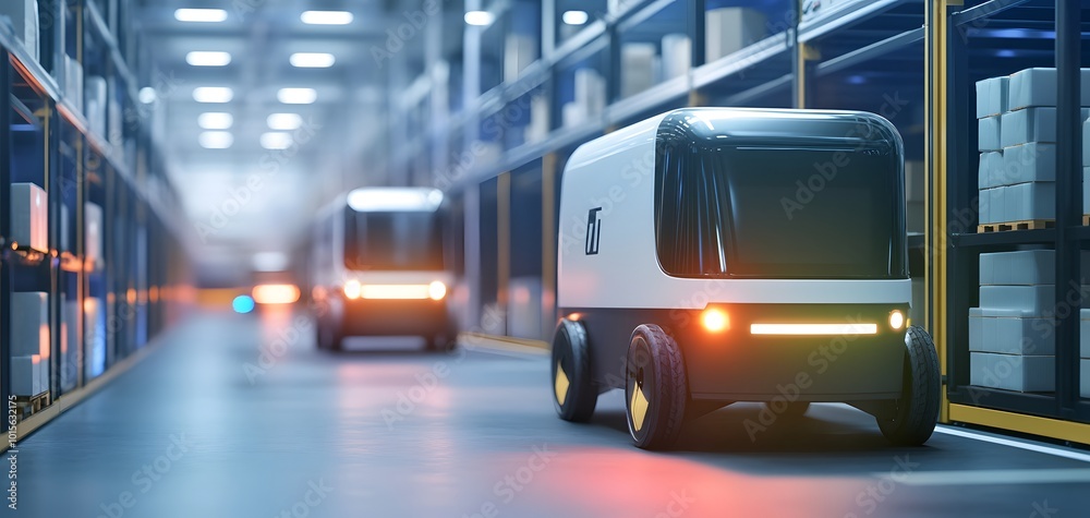 Poster futuristic delivery robots navigate through a modern warehouse environment, showcasing automation an