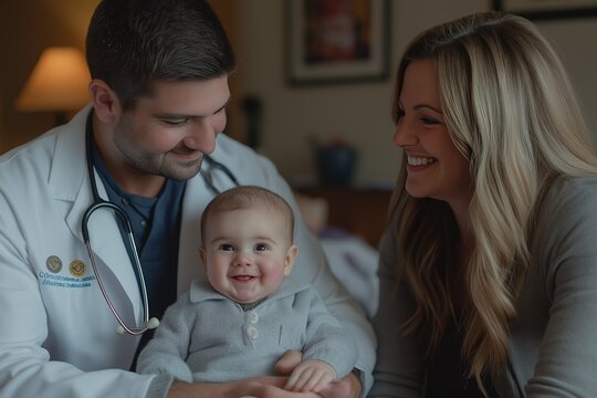 Happy baby at a pediatric appointment with a male doctor and mother, showing care and affection
