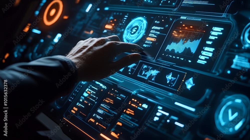 Poster futuristic hand interacting with a high-tech digital interface, showcasing graphs and data visualiza