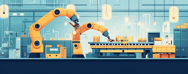 Futuristic factory scene featuring robotic arms assembling products on a conveyor belt, showcasing advanced automation technology.