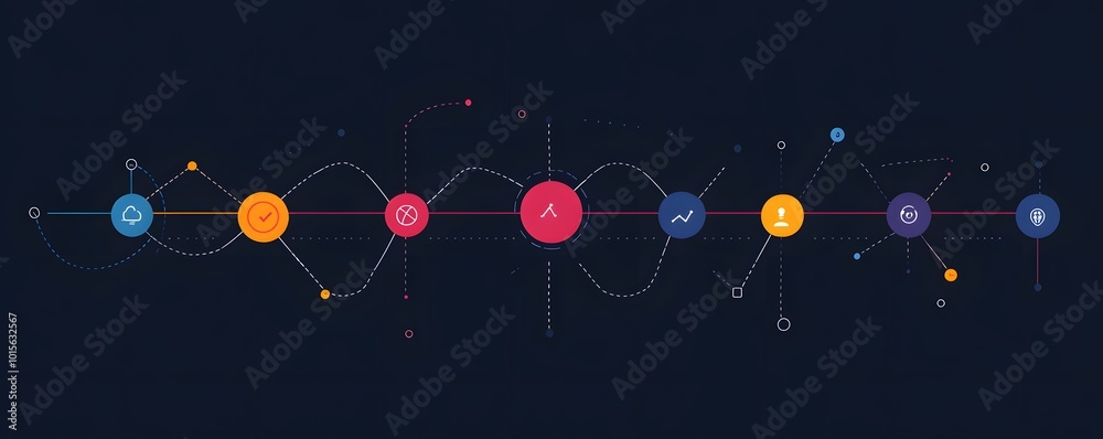 Poster modern abstract illustration of interconnected elements representing technology and data flow in a d