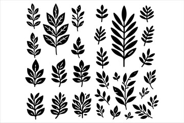 Fototapeta premium Hand Drawn Leaves Icon silhouette set. Minimalistic Black And White Hand Drawn Leaves Vector set. 