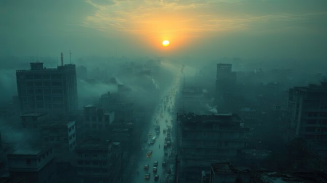 Dense, toxic dust clouds the morning air in Dhaka, Bangladesh, a city with millions of people battling severe air pollution.