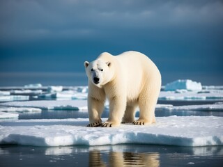 Polar bear on the blue ice. Bear on drifting ice with snow, white animals in nature habitat. At the poles with ice floes that are starting to melt due to global warming.