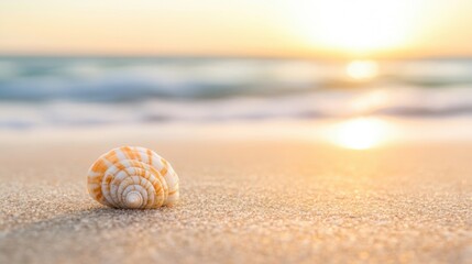 A delicate seashell lies on the warm sand while gentle ocean waves approach the shore, illuminated by the soft light of sunset