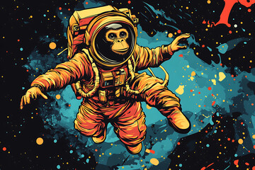 Fototapeta premium A colorful illustration of a monkey astronaut floating in space against a vibrant cosmic background.