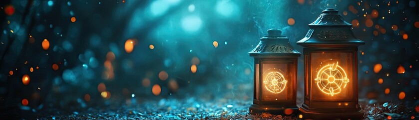 Enchanting lanterns illuminate a dreamy forest path, casting a warm glow amid a mystical atmosphere filled with soft light.