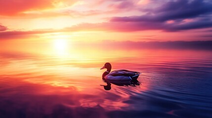 Fototapeta premium A serene sunset over water with a duck gliding peacefully.