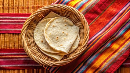Artisanal tortilla napkin in basket above red and orange tablecloth, artisanal, tortilla, napkin, basket, red, orange