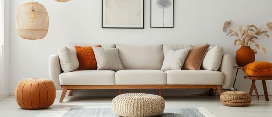 Stylish interior of living room with sofa, pouf and soft pillows