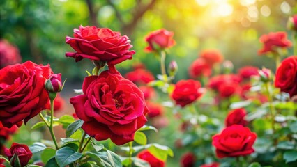 Fototapeta premium Red roses blooming in a lush garden, blooming, red, roses, garden, floral, nature, beautiful, vibrant, petals, flowers, flora