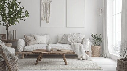 A tranquil living room features a white sofa adorned with soft pillows, a rustic wooden coffee table, and large windows letting in ample natural light