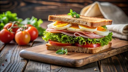 Delicious toast sandwich with ham, cheese, egg, and vegetables , breakfast, sandwich, food styling, gourmet, delicious, tasty