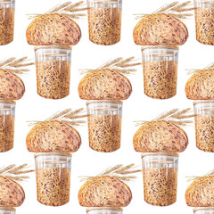 Seamless pattern with watercolor sourdough for bread and spikelet on white background. Nature product for homemade food and meal. Cookbook or kitchen. Rye or wheat pastry. Wrapping or wallpaper
